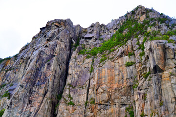 View on the high mountain. Boat travel in Fjords, Lysefjord, near Stavanger, Rogaland county, Norway