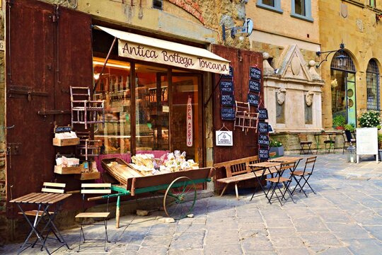 typical Tuscan food shop in the historic center of the city of Arezzo in Italy