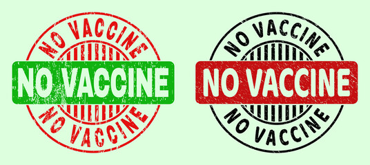 NO VACCINE bicolor round imprints with unclean surface. Flat vector textured seals with NO VACCINE text inside round shape, in red, black, green colors. Round bicolour seals.