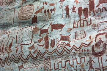 Detail of the paintings on a rock in "La Lindosa", Guaviare. Primitive art on red pigments over a white natural rock, paintings of animals an tribal patterns. Near Chiribiquete formation