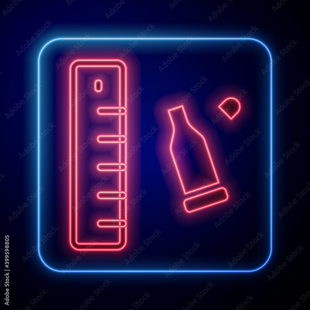 Poster glowing neon bullet casing as a piece of evidence placed with forensic ruler for documentation icon 