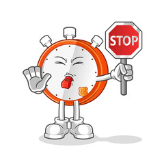 alarm clock holding stop sign cartoon. cartoon mascot vector