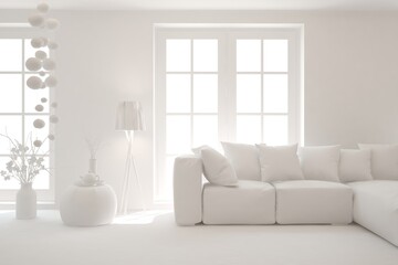 White minimalist living room with sofa. Scandinavian interior design. 3D illustration