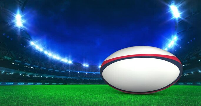 Modern Rugby Stadium with shining lights and ball motion on the grass field. Professional sport 4k video background edited as seamless loop.