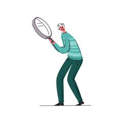 Vector flat illustration with concept of information search. Man is shown looking through enlarged magnifying glass.