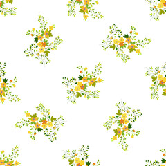Seamless pattern floral flowers, petals, bouquet. Shades of green, yellow, and violet. For print, fabric, t-shirts. 