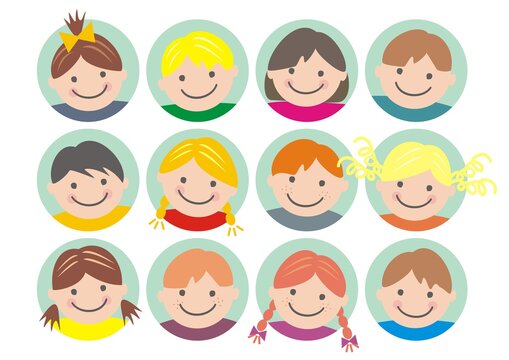 Faces od girls and boys, happy kids, vector illustration. Isolated objects, heads of little children. Different expressions of children's faces on the blue background.