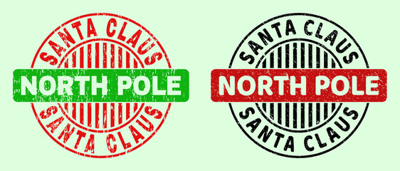 SANTA CLAUS NORTH POLE bicolor round watermarks with grunge surface. Flat vector grunge seal stamps using SANTA CLAUS NORTH POLE text inside round shape, in red, black, green colors.