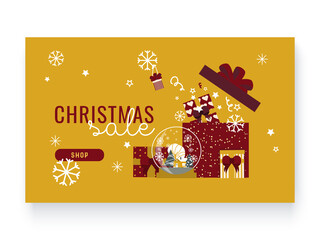 Landing banner concept for season sale. Gift box, snowflake, snow globe, christmas tree ball. Modern flat illustration, trend color.
