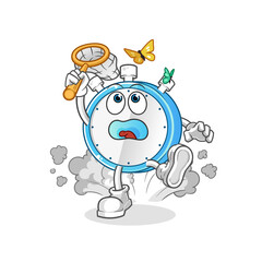 alarm clock catch butterfly illustration. character vector