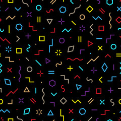 Memphis seamless pattern. Abstract geometric background. Multicolored geo design for every day prints. Modern hipster graphic neo circle, line, square, triangle. Fashion colorful element shape. Vector