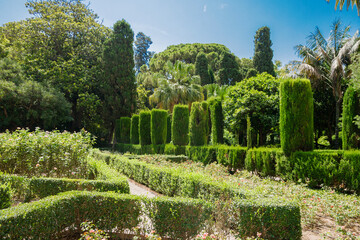 Valencia, Spain-07/20/2019:Monforte Garden - Jardines de Monforte. A neoclassic design full of statues, pools, fountains, walkways and rest areas.	Editorial use only.