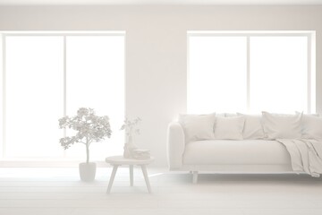 White minimalist living room with sofa. Scandinavian interior design. 3D illustration