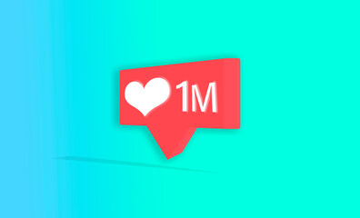 Three-dimensional social network icon in red, one million like / follower, with a heart and the number one million in white, on an blue gradient background, concepts