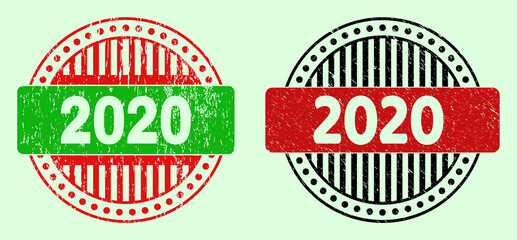 2020 bicolor round watermarks with corroded style. Flat vector scratched seals with 2020 text inside round shape, in red, black, green colors. Round bicolor seal stamps.