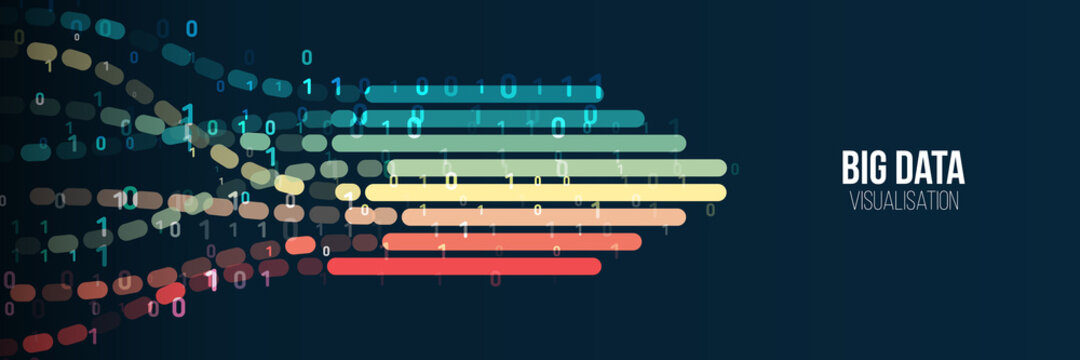 Big data visualization banner. Abstract background with lines array and binary code. Connection structure. Data array visual concept for website. Big data connection complex.