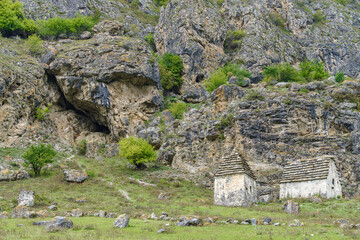 Cloudy view of ancient Alanian necropolis of Dzivgis village in North Osetia Alania, North Caucasus, Russia