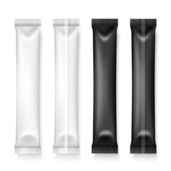 Vector 3d Realistic White and Black Long Slim Blank Packaging Set Isolated on White. Drugs, Coffee, Salt, Sugar, Pepper, Spices, Sachet, Candy Wrapper. Design Template of Packing for Mockup. Top View