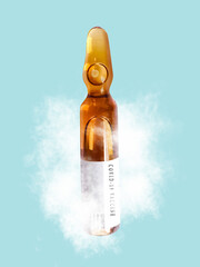 Ampoule with fluid which cures coronavirus, on blue background