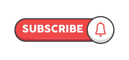 Subscribe red button with bell icon. Subscription to channel in social media. Flat style vector design.