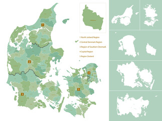 Detailed map of Denmark with administrative divisions into regions, major cities of the country, vector Illustration on white background