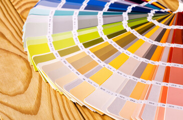 Color palette guide and brushes on wooden desktop