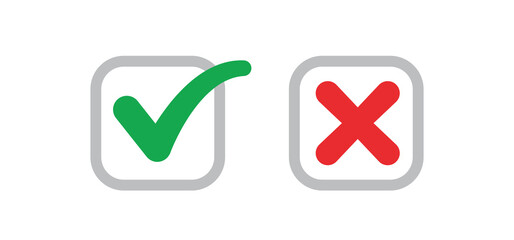 Check mark icons. Green tick and red x. Approval and decline symbols.