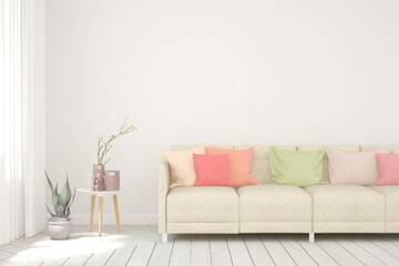 Fototapeta na wymiar White living room with colorful sofa. Scandinavian interior design. 3D illustration