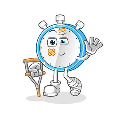 alarm clock sick with limping stick character. cartoon mascot vector