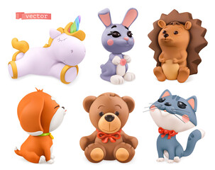 Funny little animals. Unicorn, bunny, hedgehog, dog, bear, cat