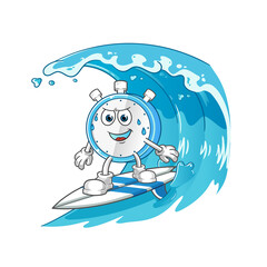 alarm clock surfing on the wave character. cartoon mascot vector