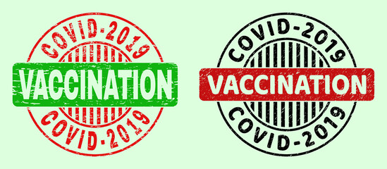 COVID-2019 VACCINATION bicolor round watermarks with distress style. Flat vector scratched stamps with COVID-2019 VACCINATION message inside round shape, in red, black, green colors.