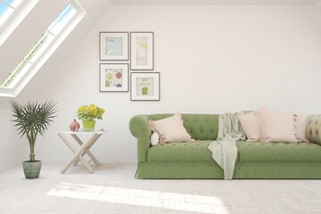 White living room with sofa. Scandinavian interior design. 3D illustration