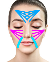 Young woman with colorful tapes on face. Face aesthetic taping. - obrazy, fototapety, plakaty