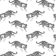 Fototapeta na wymiar Vector seamless pattern with hand drawn minimalistic illustration of tiger. Creative artwork. Template for card, poster, banner, print for t-shirt, pin, badge, patch.