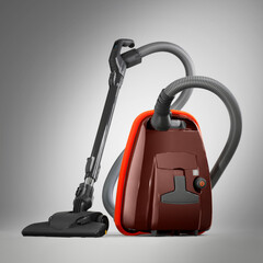 Modern powerful burgundy vacuum cleaner with an orange bumper and a telescopic brush with a start button on a gray background