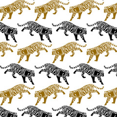 Fototapeta na wymiar Vector seamless pattern with hand drawn minimalistic illustration of tiger. Creative artwork. Template for card, poster, banner, print for t-shirt, pin, badge, patch.
