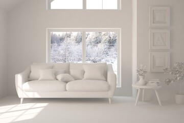 Mock up of stylish room in white color with sofa and winter landscape in window. Scandinavian interior design. 3D illustration