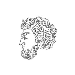 Vector hand drawn minimalistic illustration of Bacchus with leaves of vine . Creative artwork. Template for card, poster, banner, print for t-shirt, pin, badge, patch.