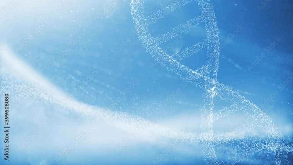 Poster abstract digital rotating dna molecule structure on futuristic shiny and wavy copy space background.