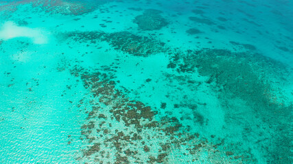 Fototapeta na wymiar Turquoise lagoon surface on atoll and coral reef, copy space for text. Top view transparent turquoise ocean water surface. background texture