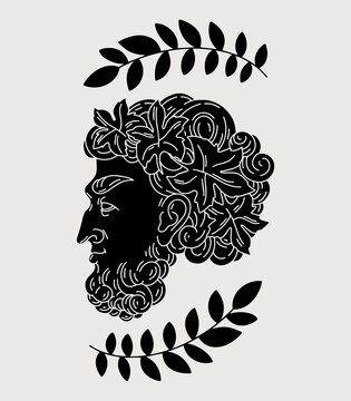 Vector hand drawn minimalistic illustration of Bacchus with leaves of vine . Creative artwork. Template for card, poster, banner, print for t-shirt, pin, badge, patch.