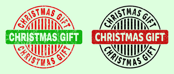 CHRISTMAS GIFT bicolor round watermarks with unclean surface. Flat vector distress stamps with CHRISTMAS GIFT message inside round shape, in red, black, green colors. Rounded bicolor watermarks.