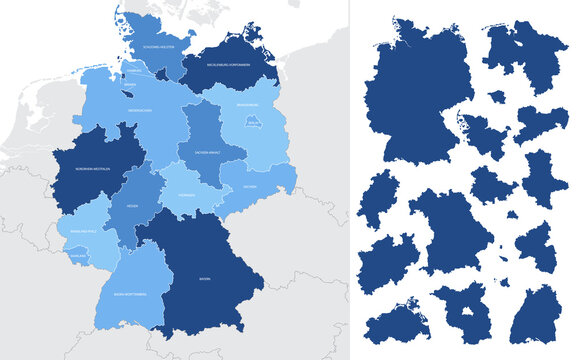 Detailed vector blue map of Germany with administrative divisions into lands and regions of the country