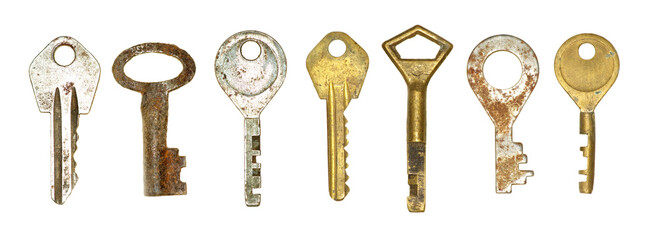Collection old keys on white background
