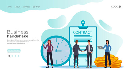 Business handshake.Time-money, search for financing and investment.Business negotiations a successful business team.Flat vector illustration isolated on a white background.The template of the landing 
