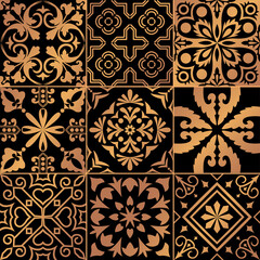 Set of tiles background in portuguese style in gold. Mosaic pattern for ceramic in dutch, portuguese, spanish, italian style.