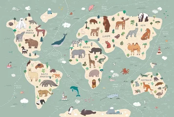 Stickers pour porte Carte du monde Animaux vecteur carte du monde dessinée à la main