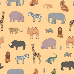 African animals map vector hand drawn seamless pattern.
