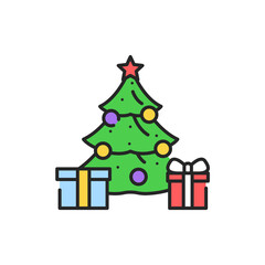 Christmas decorated tree with gifts color line icon. Glowing lights. Editable stroke.